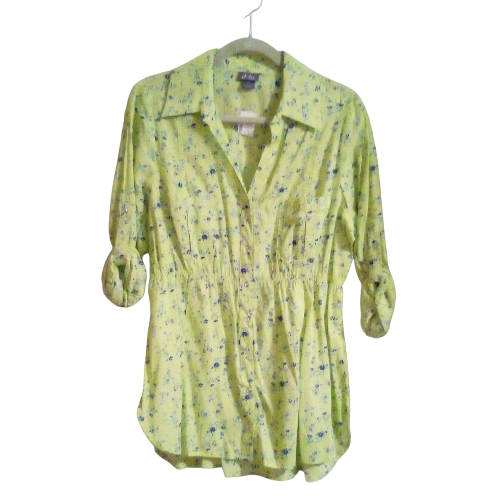 Dots Shirt 1X Floral Snap Front Roll Tab Sleeves Chest Pockets Lightweight Green